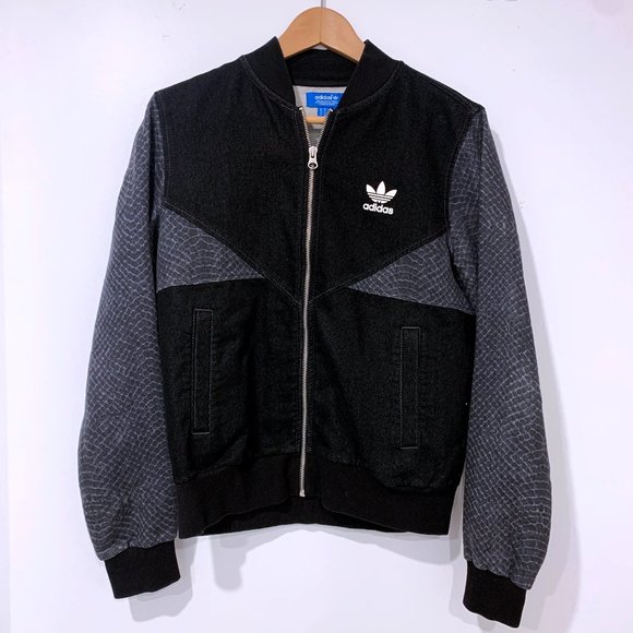 Adidas Black Denim with Pattern Bomber Jacket Womens - Picture 1 of 3